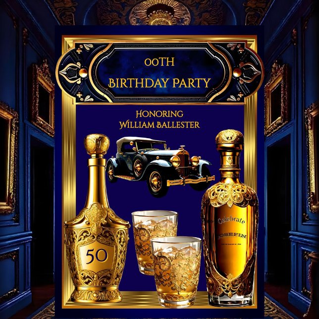 Birthday Party Gold Blue Vintage Car Drinks Einladung (Von Creator hochgeladen)