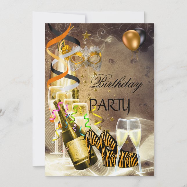 Birthday Party Gold Champagner Schuhmaske Einladung (Vorderseite)