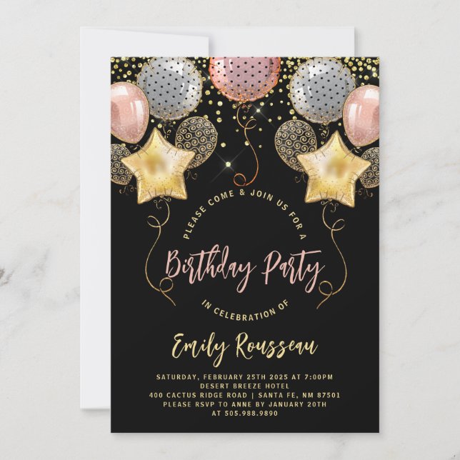 Birthday Party Gold Confetti Balloons Einladung (Vorderseite)