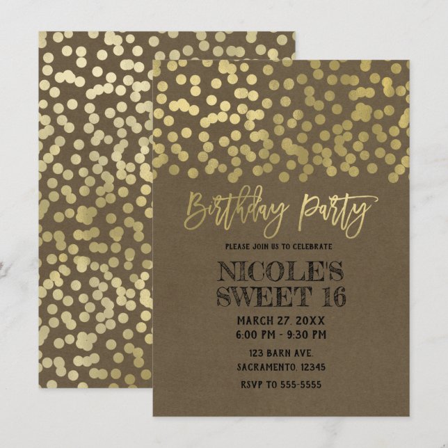 Birthday Party Gold Foil Moderne schicke, rustikal Einladung (Vorne/Hinten)