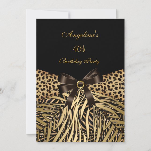 Birthday Party Gold Leopard Brown Black Bow Einladung (Vorderseite)