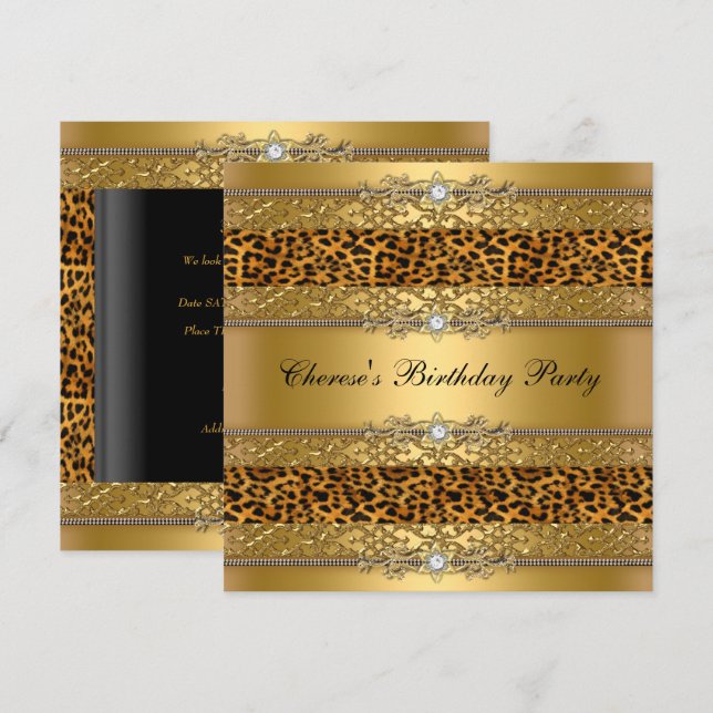 Birthday Party Gold Leopard Diamond Einladung (Vorne/Hinten)