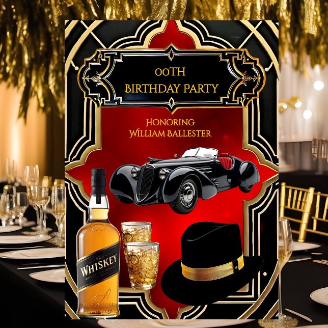 Birthday Party Gold Red Black 1930s Auto Whiskey Einladung (Von Creator hochgeladen)