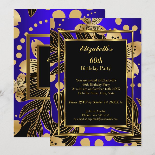 Birthday Party Gold Royal Blue Floral Einladung (Vorne/Hinten)