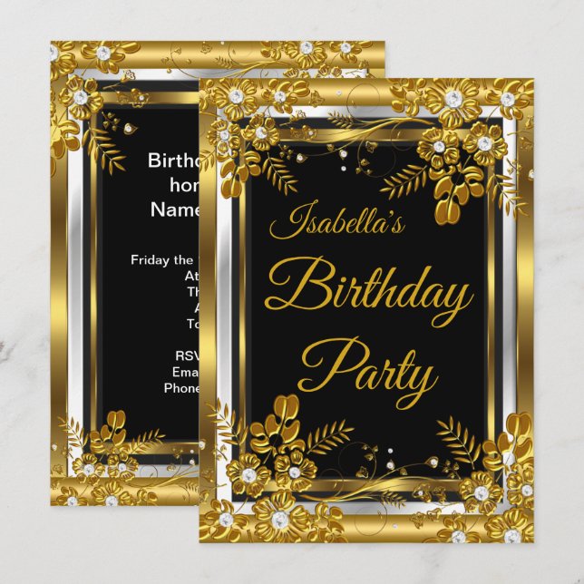 Birthday Party Gold Schwarz-weiß Diamond Einladung (Vorne/Hinten)