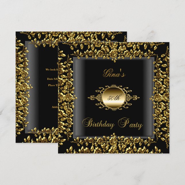 Birthday Party Gold Schwarze Flora Frauen 50. Einladung (Vorne/Hinten)