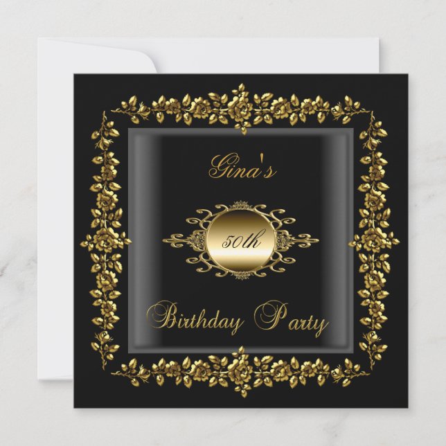 Birthday Party Gold Schwarze Flora Frauen 50. Einladung (Vorderseite)