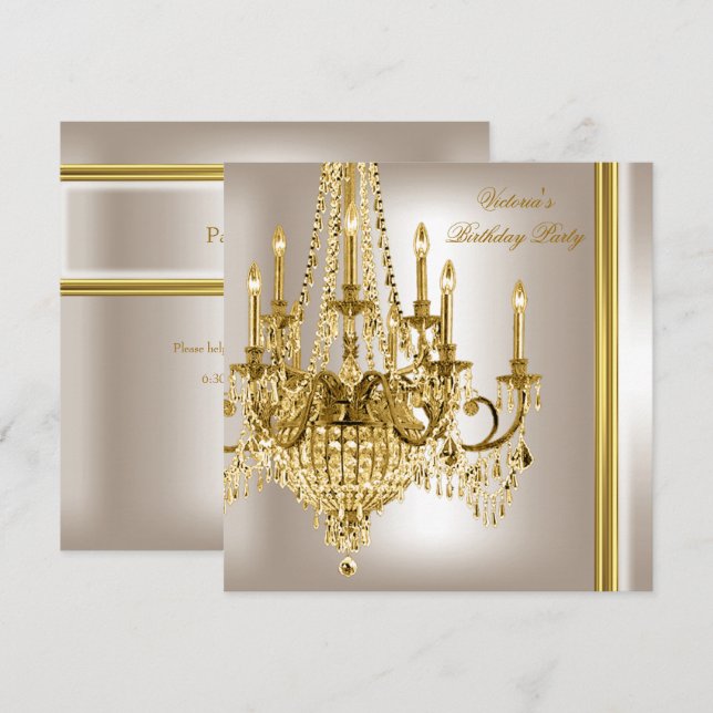 Birthday Party Gold White Cream Kronleuchter 2 Einladung (Vorne/Hinten)