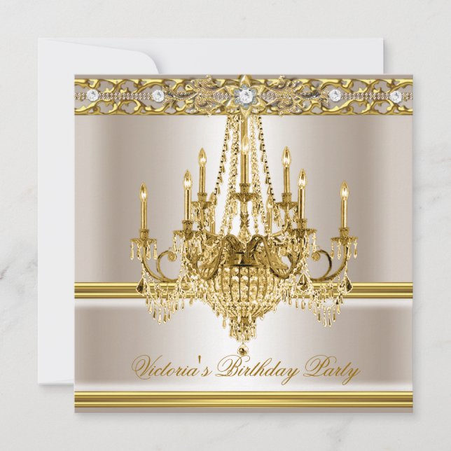 Birthday Party Gold White Cream Kronleuchter Einladung (Vorderseite)