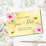 Birthday party happy bumble bees save the date postkarte<br><div class="desc">A Save the Date card for a 50th (or any age) summer birthday party. Yellow, white background with a honeycomb pattern. Decorated with pink colored tropical florals flowers, hibiscus and happy bumble bees. Templates for a date and name/age 50. Green, gray colored letters. The text: Save the Date is written...</div>