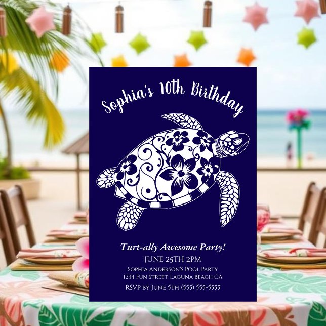 Birthday Party-Hawaiian Turtle Einladung (Birthday Party Invitation, Hawaiian Turtle, Tropical Flowers, Hawaiian Tribal, summer, beach, pool)