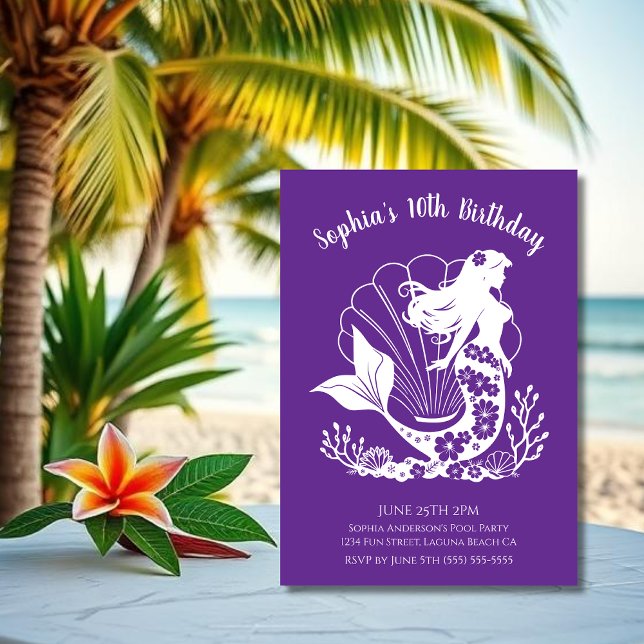 Birthday Party-Hawaiianische Meerjungfrau Einladung (Hawaiian Mermaid Tropical Flowers Sea Shells Coral, Summer Beach, Fisherman Style Birthday )