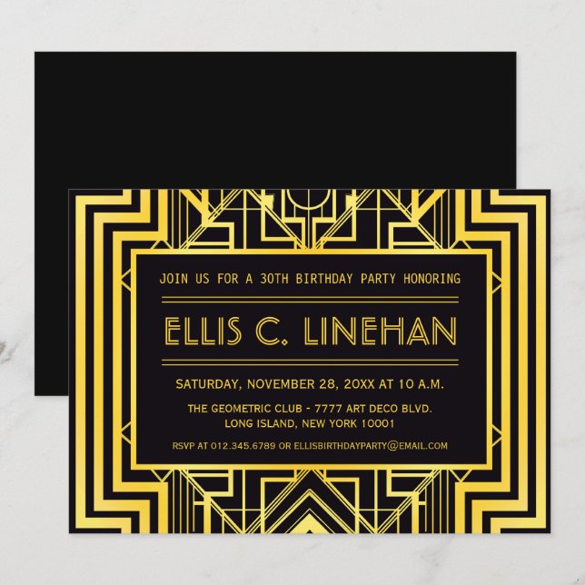 Birthday Party in Black und Gold - Einladungen (Vorne/Hinten)