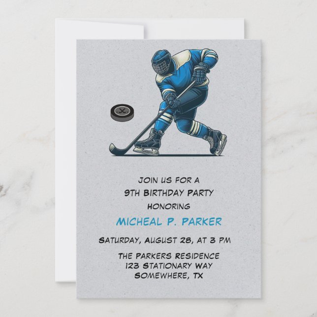 Birthday Party in Blue and Grey Hockey Einladung (Vorderseite)