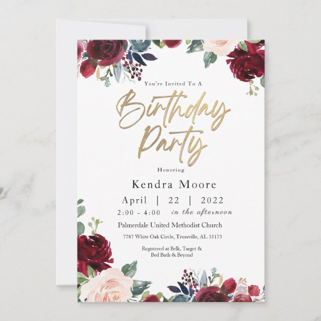 Birthday Party in Burgund Floral Einladung (Vorderseite)