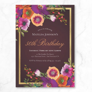 Birthday Party in Burgund, Floral Herbst 50. Einladung