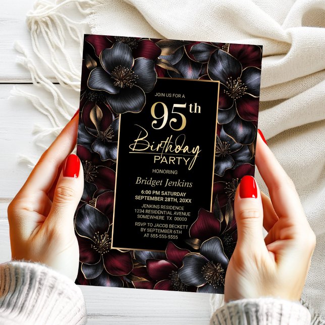 Birthday Party in Burgund und Gray Floral 95. Einladung (Von Creator hochgeladen)