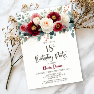 Birthday Party in Burgund und Weißblüte Einladung