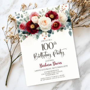 Birthday Party in Burgund und Weiße Flora Einladung