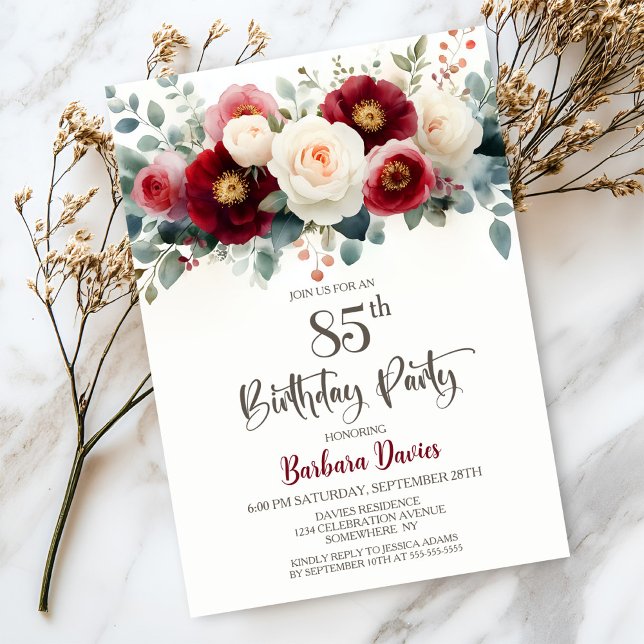 Birthday Party in Burgund und Weißflora Einladung (Von Creator hochgeladen)