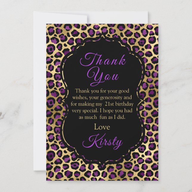 Birthday Party in Gold und Lila Leopard Print Dankeskarte (Vorderseite)