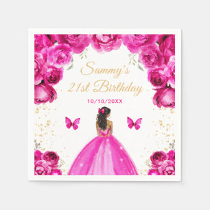 Birthday Party in Hot Pink Dark Skin Princess Serviette