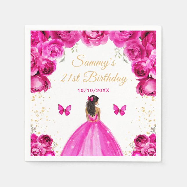 Birthday Party in Hot Pink Dark Skin Princess Serviette (Vorderseite)