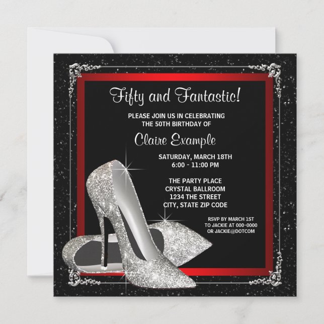 Birthday Party in Schwarz und Rot Glitzer Einladung (Vorderseite)