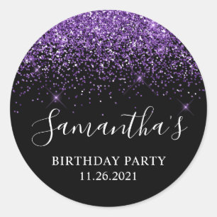 Birthday Party in Schwarz und Royal Lila Glitzer Runder Aufkleber