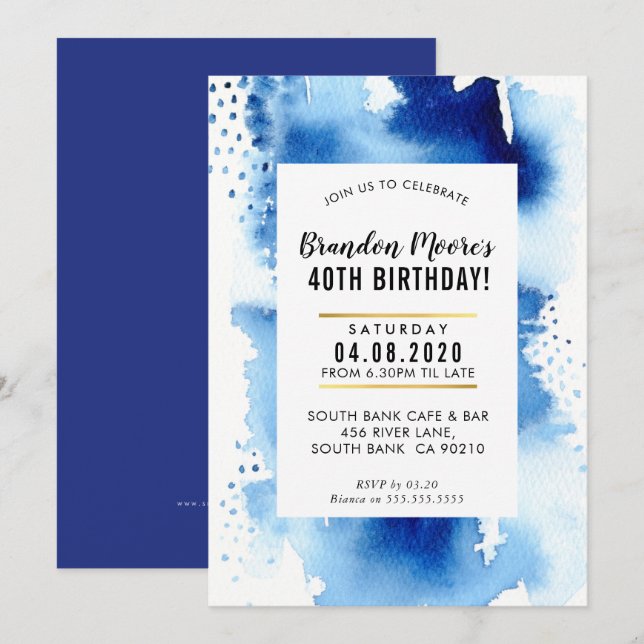 BIRTHDAY PARTY INVITE Moderne Aquarell cool blau Einladung (Vorne/Hinten)
