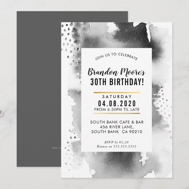BIRTHDAY PARTY INVITE moderne Aquarellfarbe grau Einladung (Vorne/Hinten)
