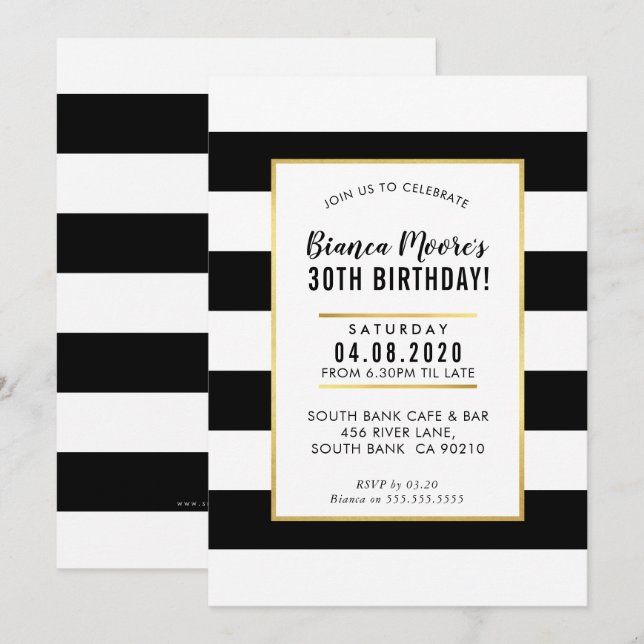 BIRTHDAY PARTY INVITE Modernes, minimales schwarze Einladung (Vorne/Hinten)