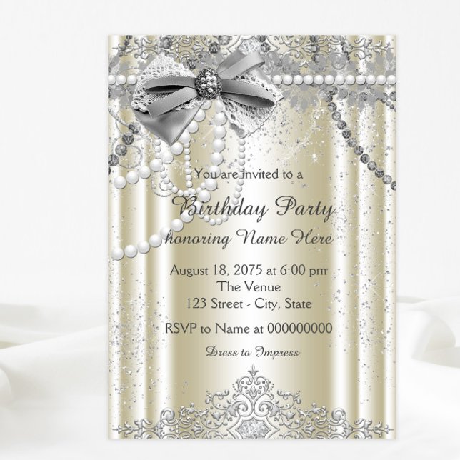 Birthday Party Ivory Pearl Einladung (Elegant any event or party invitation. All of the text can be changed.)