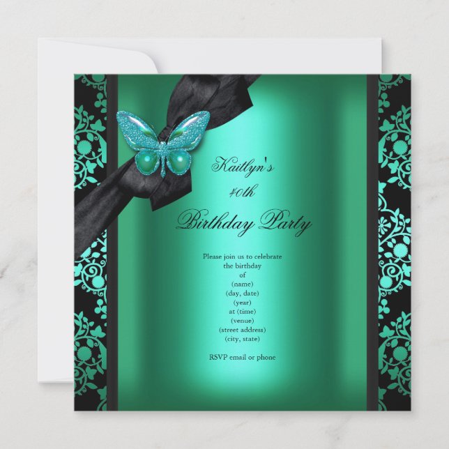 Birthday Party Jade Green Black Damask Butterfly Einladung (Vorderseite)