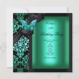 Birthday Party Jade Green Damask Butterfly Einladung