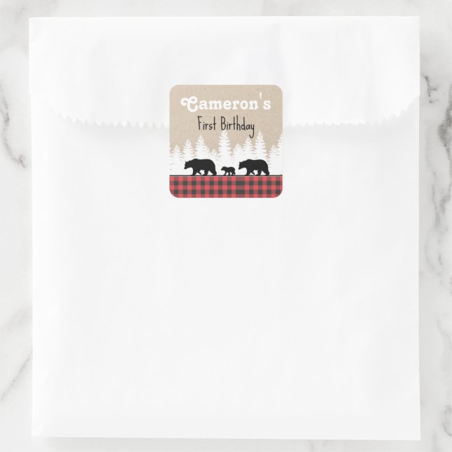 Birthday Party kariert Bears Quadratischer Aufkleber (Tasche)