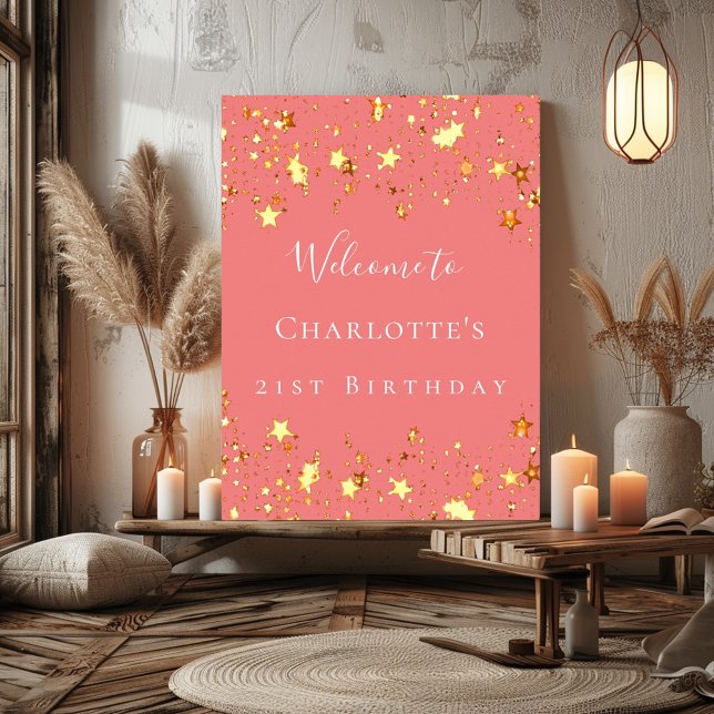 Birthday Party Korallen Gold Sterne willkommen Poster (Von Creator hochgeladen)
