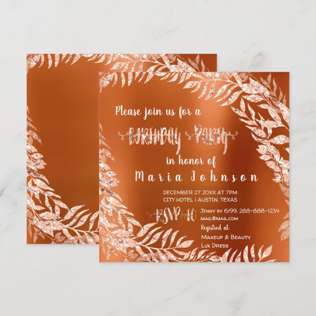 Birthday Party Leaf Wreath Glitzer Rose Gold Coral Einladung (Vorne/Hinten)