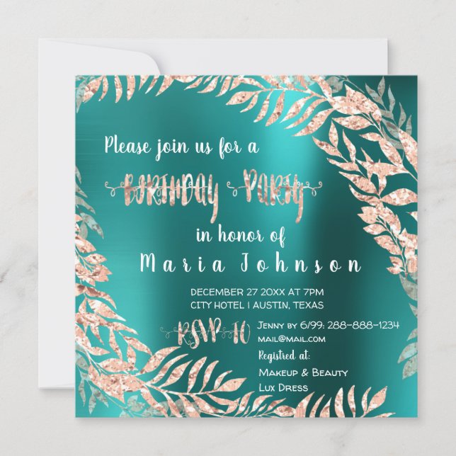 Birthday Party Leafs Wrath Glitzer Rose Gold Aquam Einladung (Vorderseite)