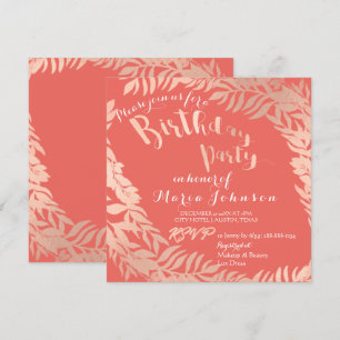 Birthday Party Leafs Wrath Pink Rose Gold Coral Einladung