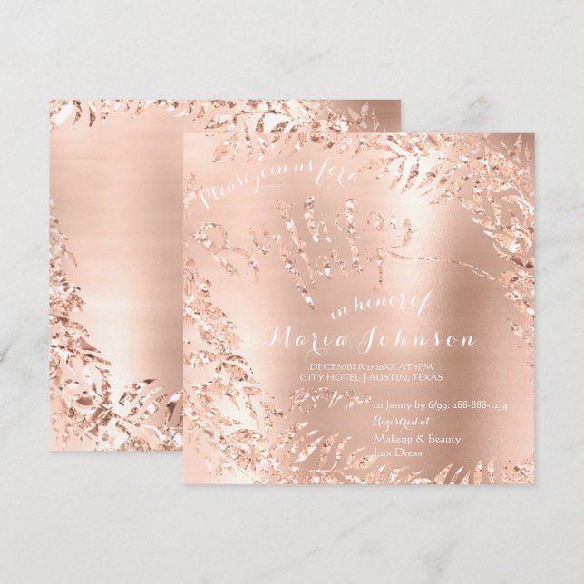 Birthday Party Leafs Wreath Glam Pink Rose Gold Einladung (Vorne/Hinten)