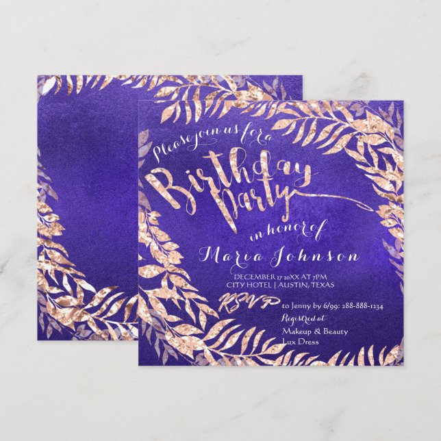Birthday Party Leafs Wreath Indigo Blue Rose Gold Einladung (Vorne/Hinten)
