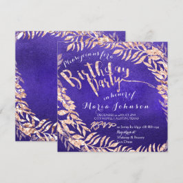 Birthday Party Leafs Wreath Indigo Blue Rose Gold Einladung