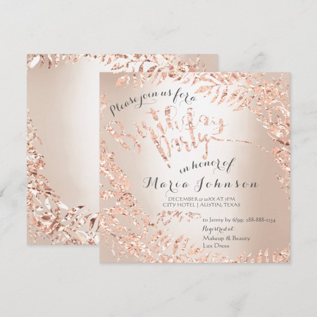 Birthday Party Leafs Wreath Ivory Pink Rose Gold Einladung (Vorne/Hinten)