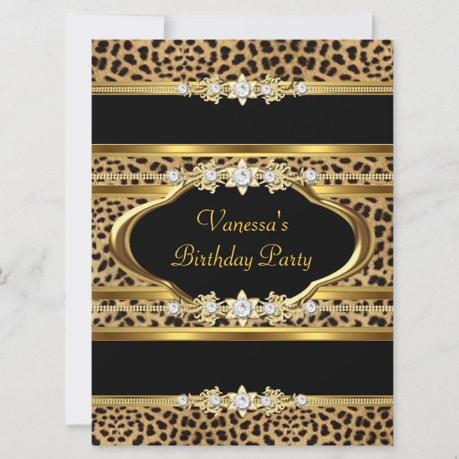 Birthday Party Leopard Gold Black Einladung (Vorderseite)