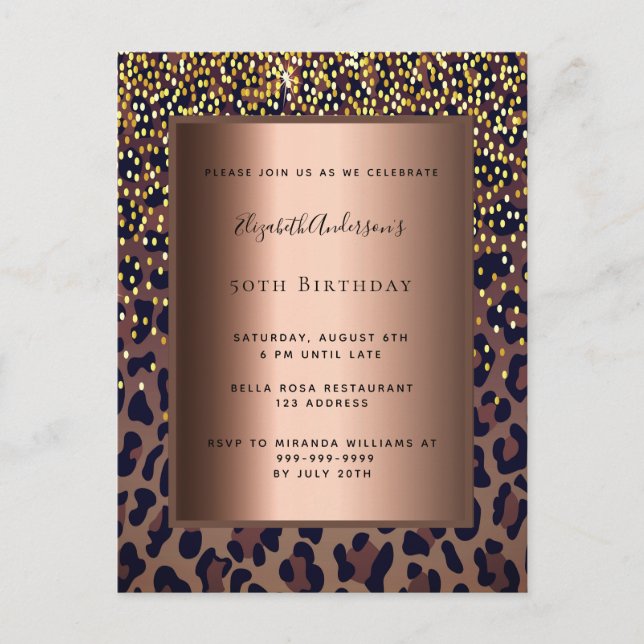 Birthday Party Leopard Muster Bronze-Einladung Postkarte (Vorderseite)