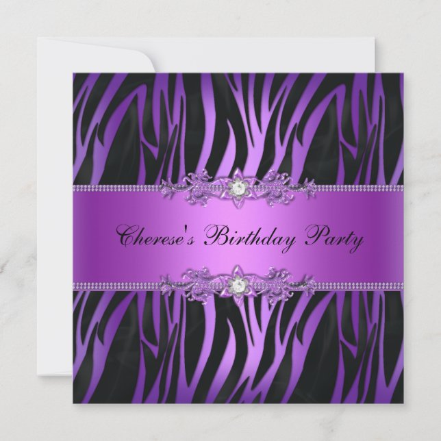 Birthday Party Lila Black Zebra Diamond Einladung (Vorderseite)
