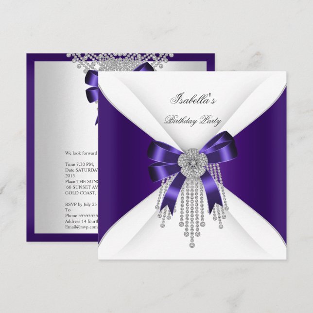 Birthday Party Lila Bow Silver White Diamond Einladung (Vorne/Hinten)