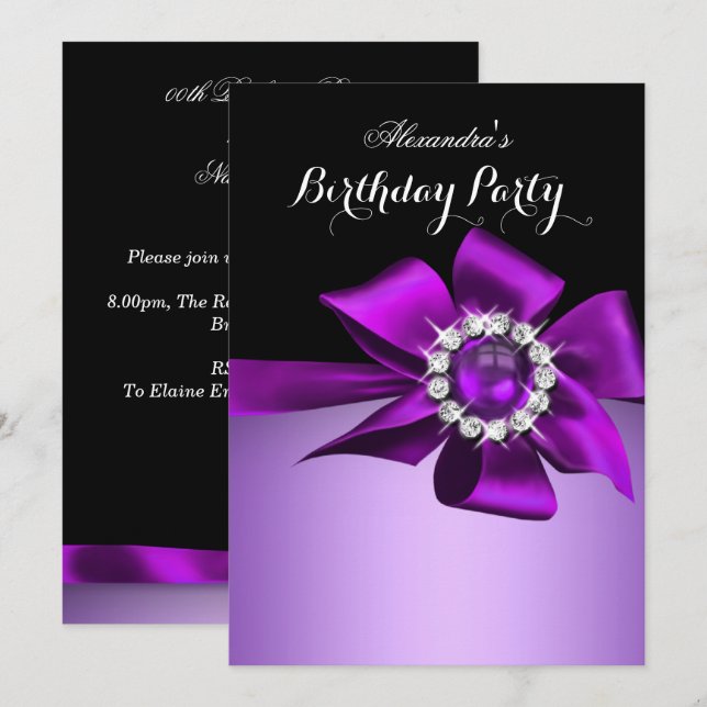Birthday Party Lila Pearl Diamond Bow Einladung (Vorne/Hinten)