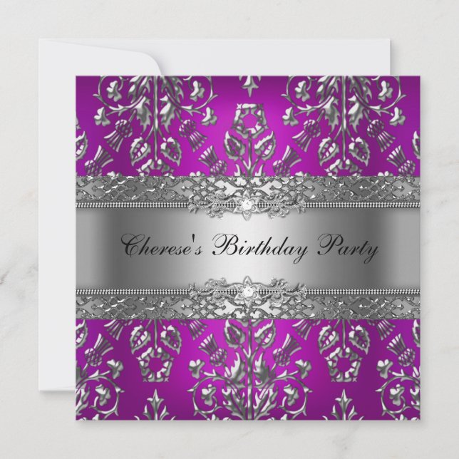 Birthday Party Magenta Silver Damask Einladung (Vorderseite)